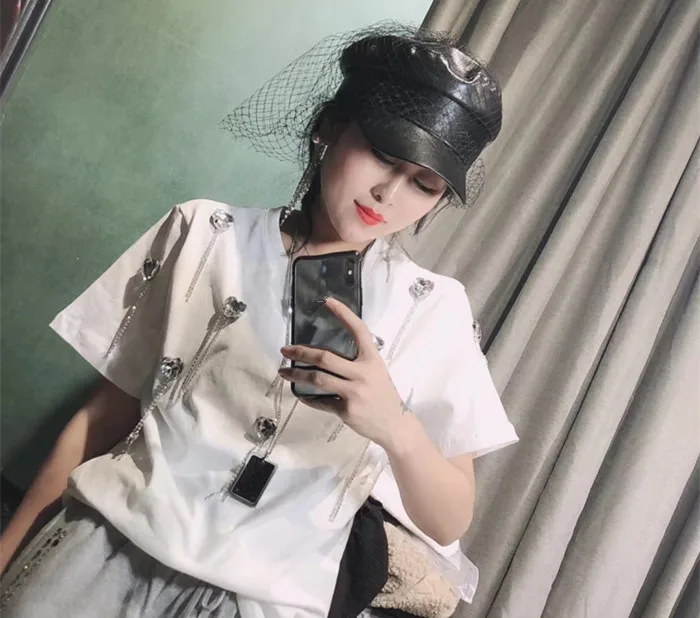 WHITNEY WANG футболка Летняя мода уличная ручная работа сладкое сердце бриллианты кисточка Футболка женская футболка Топ Леди тройники