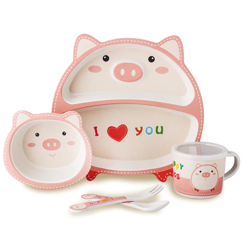 Love Pig 5 шт. детский набор посуды из бамбукового волокна Милая мультяшная детская посуда для кормления - Цвет: Love Pig
