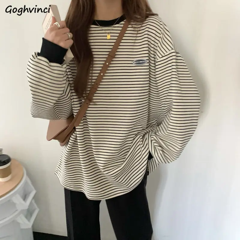 Women Oversize T-shirts Striped Retro Comfort Slouchy Long Sleeve Tees Students Boyfriend Couple Trendy Females Tops Ulzzang Hot | Женская