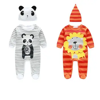 

2Pcs Toddler Infant Round Collar Long Sleeve Cartoon Panda Lion Design Print Girls Jumpsuit Climb Soft Romper+Hairband Set