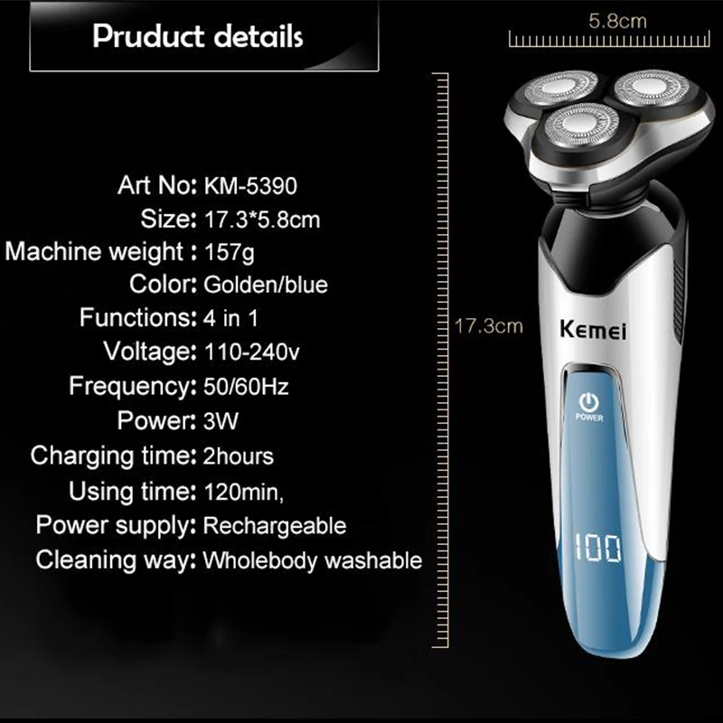 Kemei-5390 4D электробритва, Мужская бритва, машинка для бритья, триммер для носа, перезаряжаемая плавающая Бритва для бороды, Водонепроницаемая бритва для ухода за лицом