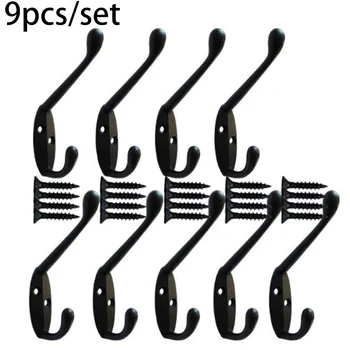 

9Pcs/set Black Zinc Alloy Hooks For Hanging Cloths Hat Bag Wardrobe Hanger High Quality
