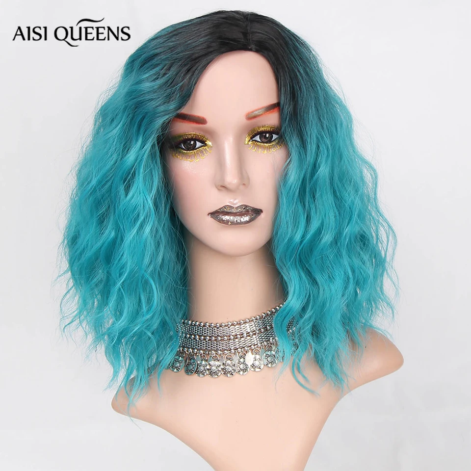Aisi Queens синтетический Омбре парик короткие волны воды синий черный розовый натуральные парики для черно-белых женщин 1" Длинные накладные волосы