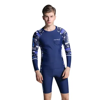 

Hit Color Long Sleeve Men's Swimsuit Crew Neck Men Split Beach Wear UV Swimsuit Five Point Flat Angle Men Quick-drying Swimsuit