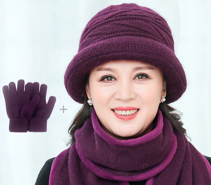 dark purple Новинка, зимняя женская шапка из кроличьего меха, шарф, перчатки, комплект из 3 предметов, женские теплые шерстяные вязаные плюшевые шарфы, 3 шт., шапка для мамы, подарок, толстая флисовая шаль - Цвет: dark purple