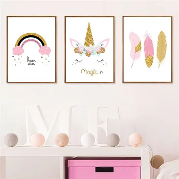 

Pink Cartoon Unicorn Canvas Painting Dream Rainbow Magic Poster Children's Room Girl Room Cute Wall Decorative Painting Pictures