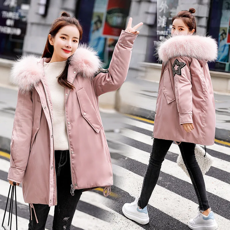 

Hooded 2018 Winter Cotton Dress-Style Simple Solid Color Street Fashion Versatile Slim Fit Slimming Casual Mid-length