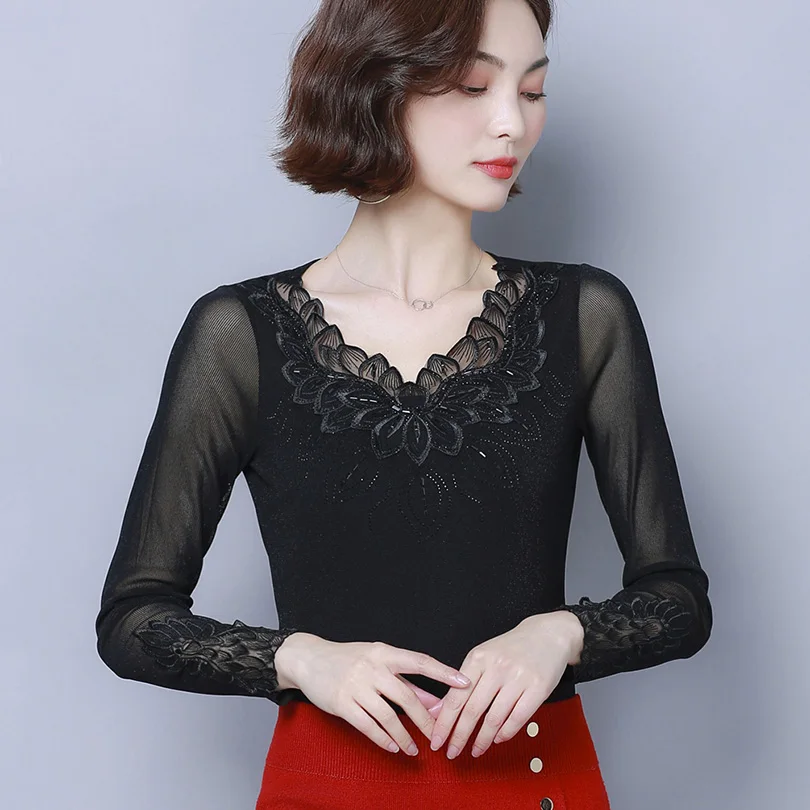 Черный Poleras mujer de moda осенние сетчатые топы с длинными рукавами модные повседневные однотонные кружевные рубашки больших размеров женские топы и рубашки - Цвет: Черный