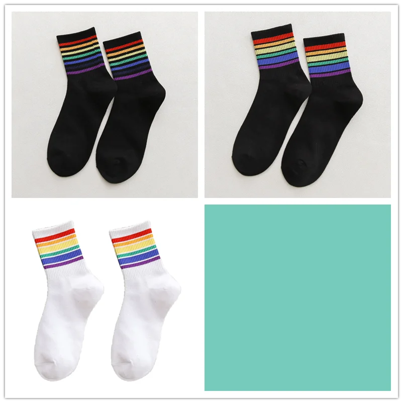 3 pairs 3 пар/упак. унисекс полосатые средние женские носки цветные забавные зимние носки женские 100 Хлопок Kawaii Радужный цвет размер 35-42 - Цвет: 3 pairs