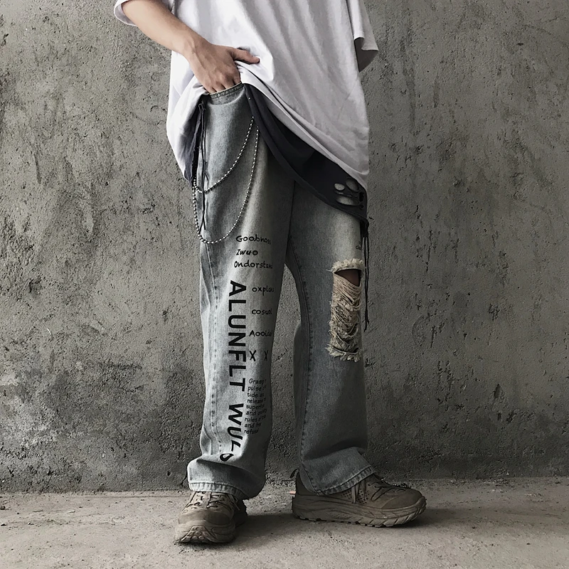 Корейский Harajuku Vinagte streewear хип-хоп рваные прямые джинсовые штаны с надписями женские Модные свободные однотонные повседневные женские джинсы