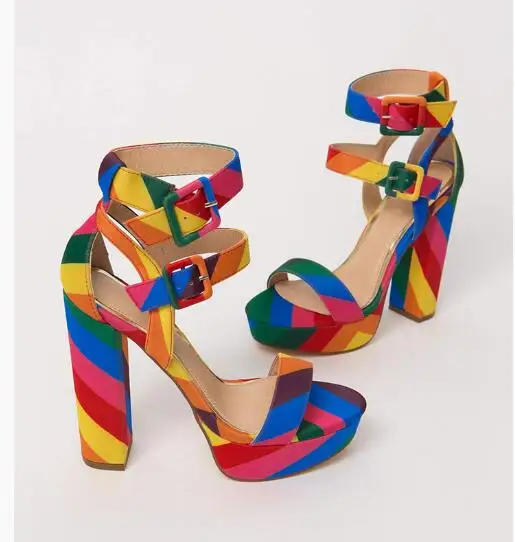 

Moraima Snc Rainbow Leather Thick Heels Woman Sandal Summer Open Toe Ankle Strap Platform Shoes Party Dress Shoes Black Red