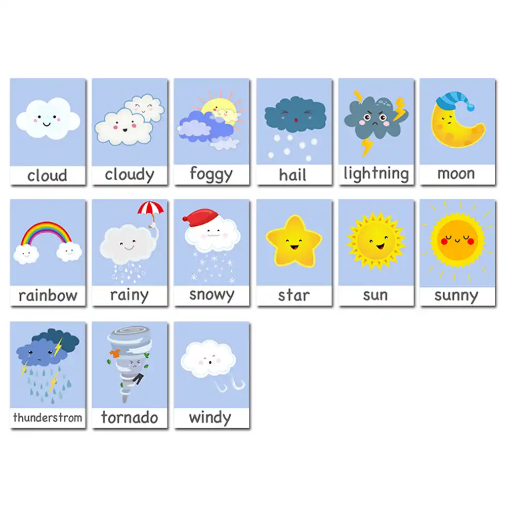 15Pcs/Set Flashcards Color/Shape/Weather/Family Preschool