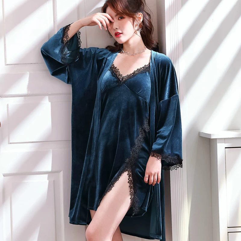 Осенне-зимняя сексуальная Высококачественная фланелевая женская пижама ночная рубашка+ халат 2 шт. КРУЖЕВНОЙ ХАЛАТ женская пижама костюм домашняя одежда