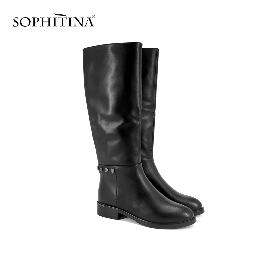 

SOPHITINA Comfortable Square Heel Boots High Quality Genuine Leather Round Toe Shoes Special Design Metal Decoration Boots SC260