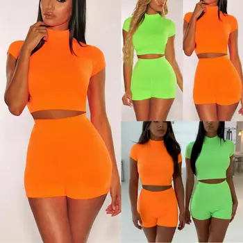 

Women 2Pcs Set Tracksuit Playsuit Club Party Bodycon Jumpsuit Casual Crop Shorts