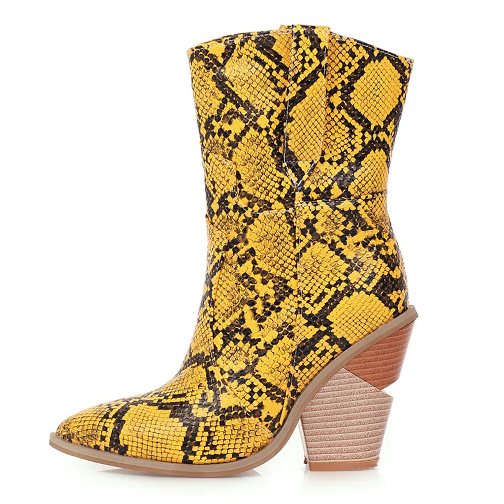 autumn Winter new Womens Leather Snake Print Wedges Shoes Pointed Toe Cowboy Slip-On Boots high heel boots women boots#O19