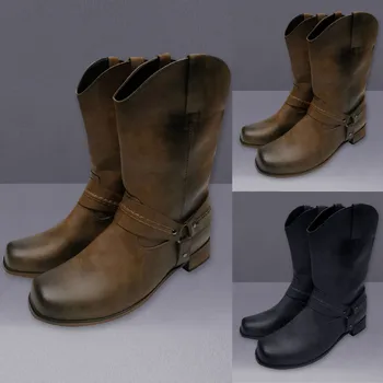 

winter boots Mens Mountaineering Boots Leather Non-slip Slip-On Round Toe Buckle Low-heeled Shoes Cowboy Boots мужские