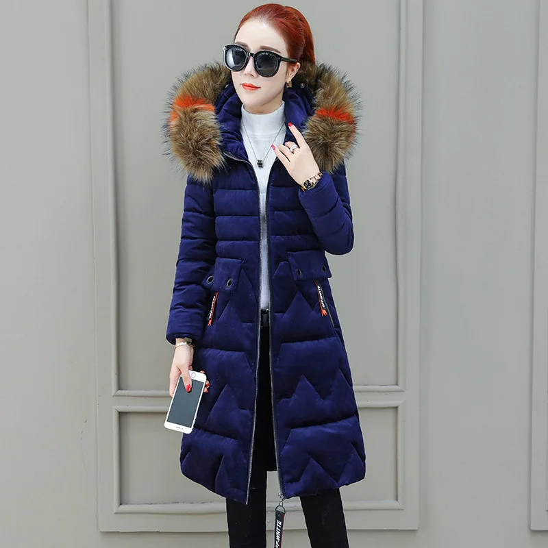 Royal Blue Женское однотонное Золотое бархатное пуховое пальто с капюшоном, новинка, Зимняя мода, с меховым воротником, на молнии, на пуговицах, с карманами, OL, толстая длинная верхняя одежда - Цвет: Royal Blue