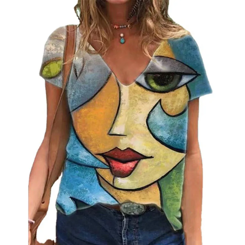 New 2022 Summer V Neck Casual Tshirt Oversize Print Short Sleeve Shirt Tops Loose Vintage Female Tee S-5XL summer crop top