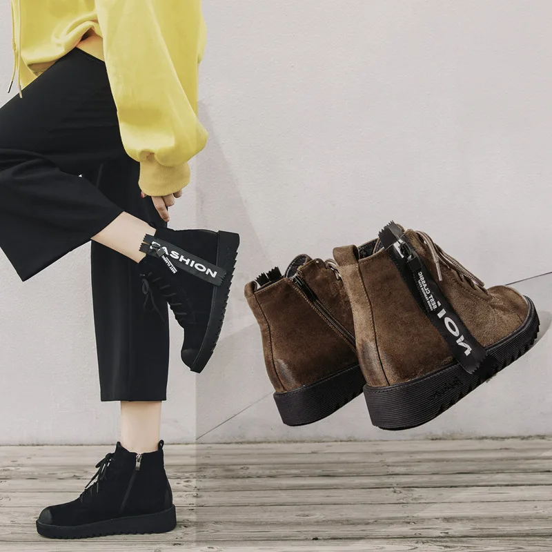 

Ankle Round Toe Low Women Boots Solid Fashion Punk Motorcycle Boots Concise Lace Up Shoes