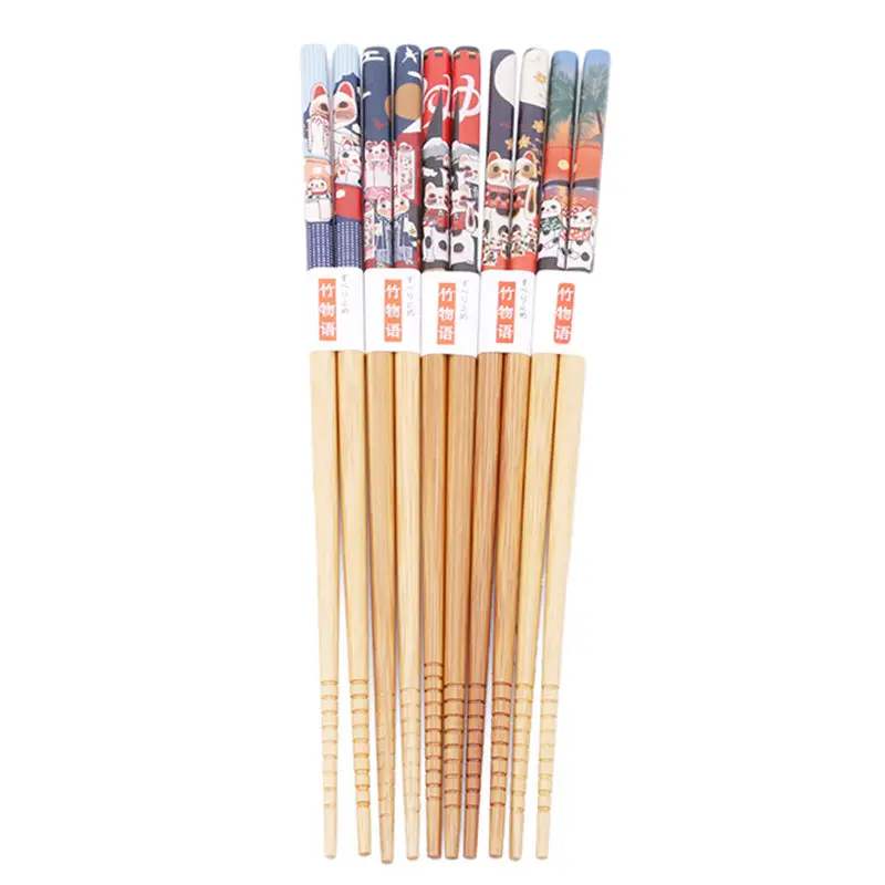 Lucky Cat Creative New 5 Pairs Reusable Chopsticks Natural Wood Chopsticks Chinese Set Handmade Gift Pack Hashi Sushi Food Sticks - Цвет: Lucky Cat