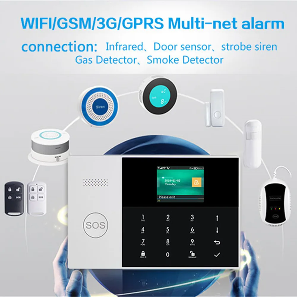 

433MHZ IOS Android APP Remote Control LCD Touch Keyboard Wireless WIFI SIM GSM RFID Home Burglar Security Alarm System Sensor
