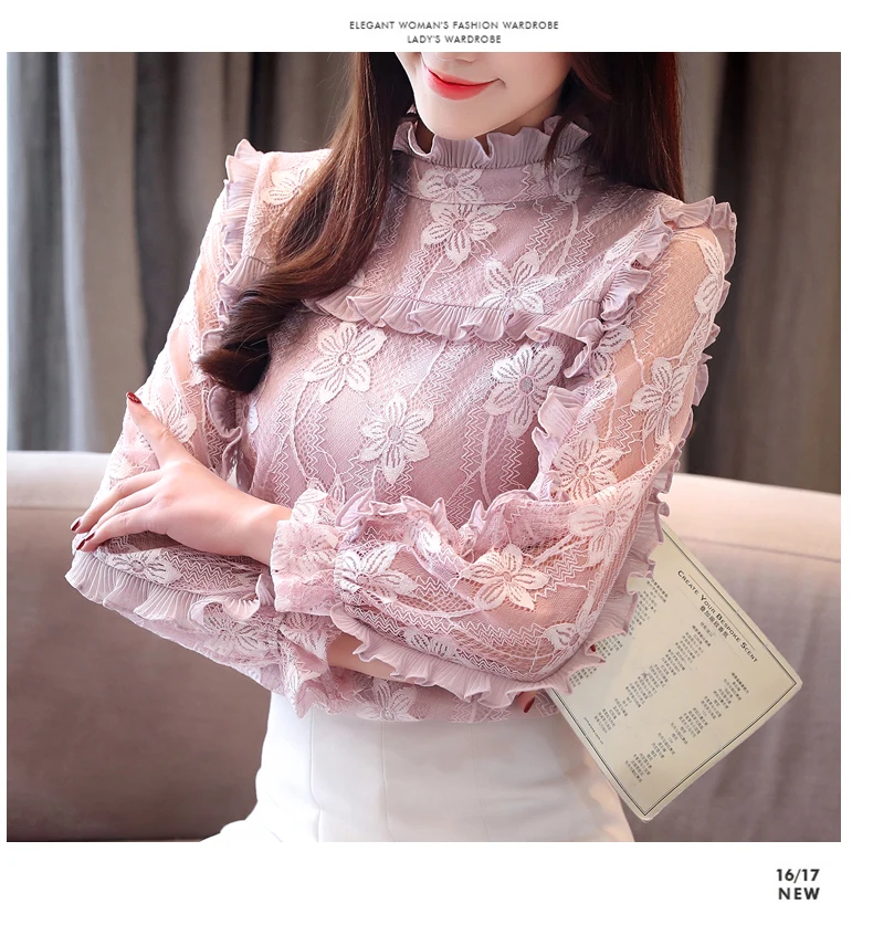 женский с длинным рукавом кружевные блузы рубашки Для женщин одежда Цветочные