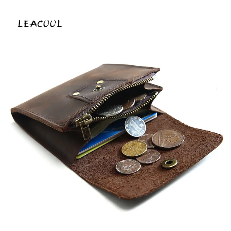 

LEACOOL Brand Coin Purse Men Genuine Leather Small Mini Hasp Wallet Retro Coin Pocket Case Storage Bag Card Change Purse Short