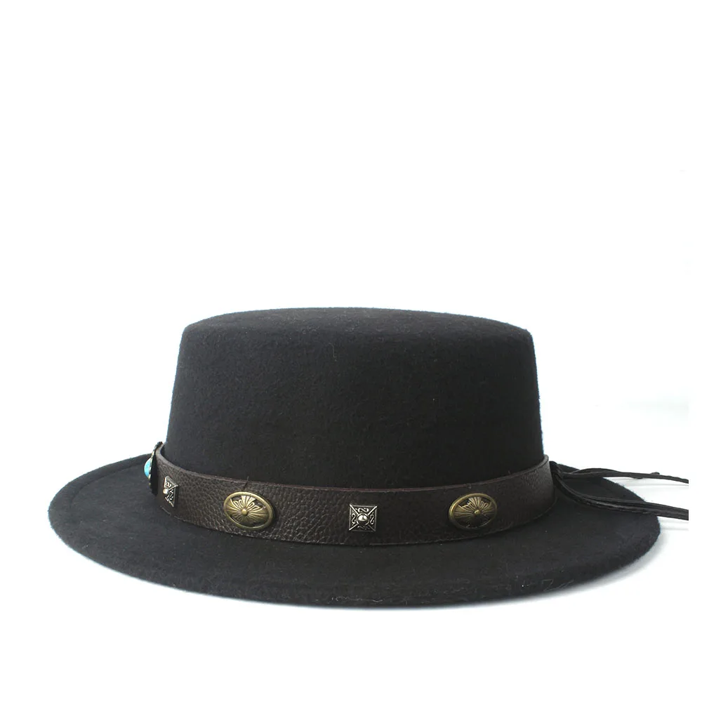 Unisex Women Men Wool Flat Top Hat Birthday Party Hat Wide Brim Hat Fedora Hat Size 56-58CM