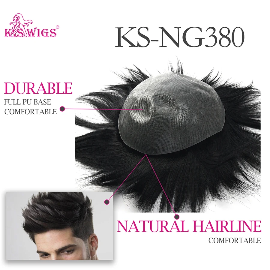 K.S WIGS Men Toupee Super Thin Skin Natural Hairline Indian Remy Human Hair Durable Hairpieces Replacement System Fast Shipping