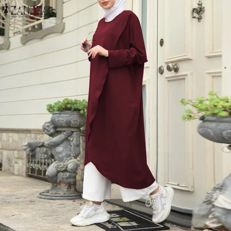 Retro Muslim Dress Womens Asymmetrical Sundress ZANZEA 2020 Casual Long Sleeve Maxi Vestidos Female O Neck Islamic Robe 5XL