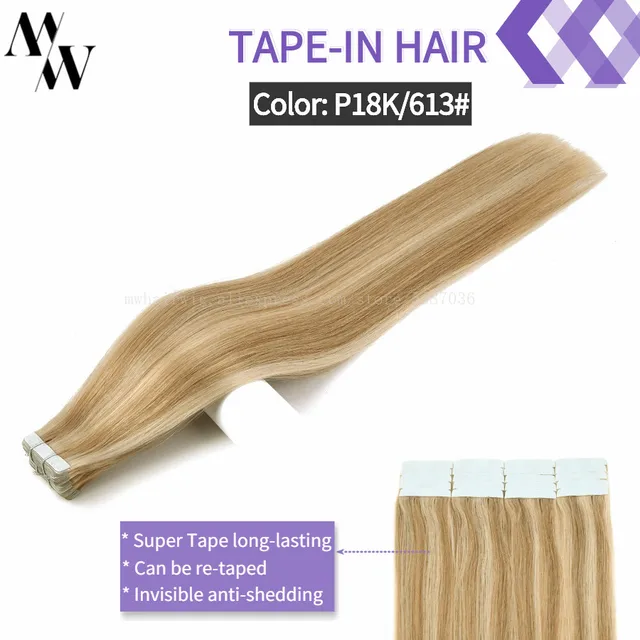 MW Double Drawn Remy Tape In Human Hair Extensions 100% Real Skin Weft Adhesive Glue On Seamless Natural Hair 16/20/24 Inches P18K-613