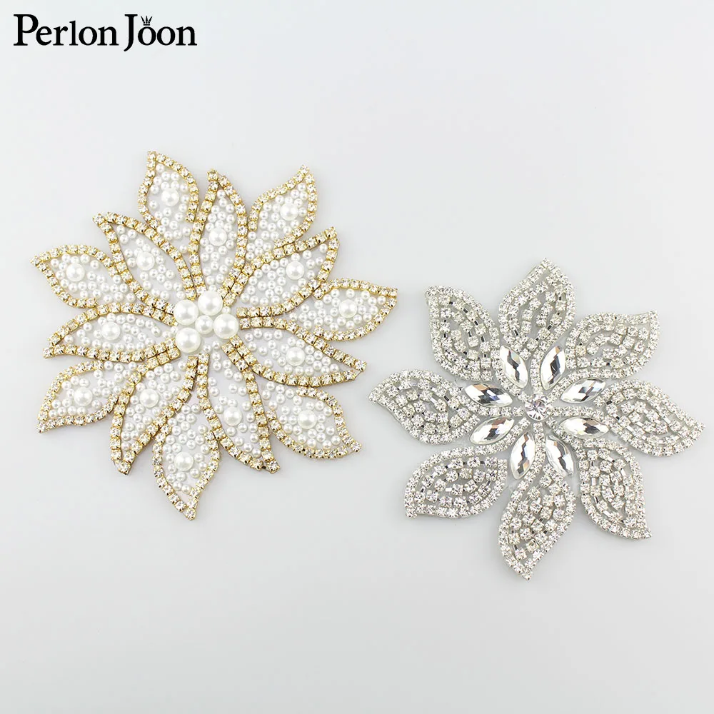 1 Stück große runde Blumen form Silber Strass Gold Perle Applikation Hot Fix Patch Eisen auf dekorativen Accessoires auf Kleider taschen – Detail 1