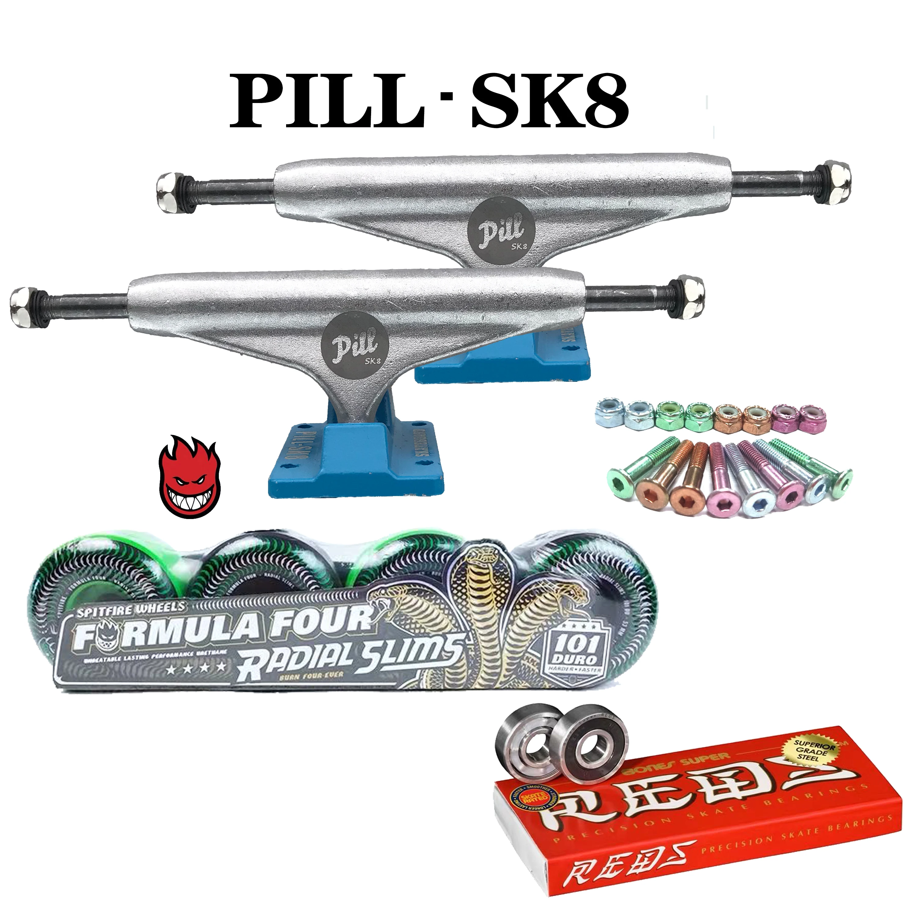 PILL skateboard trucks Spitfire skateboard wheels BONES REDSskate