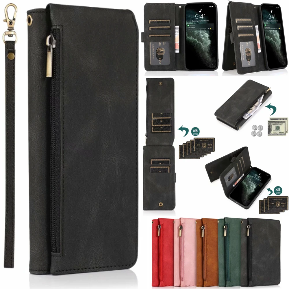 Ultra Thin Zipper Wallet with 8 Card Slots & Magnetic Flip Leather Case