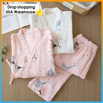 

Pure Cotton Yarn Kimono Pajamas V-Neck Printing Plus Size Pijama Mujer Loungewear Women 2 Piece Sleepwear 2020 Autumn Fashion