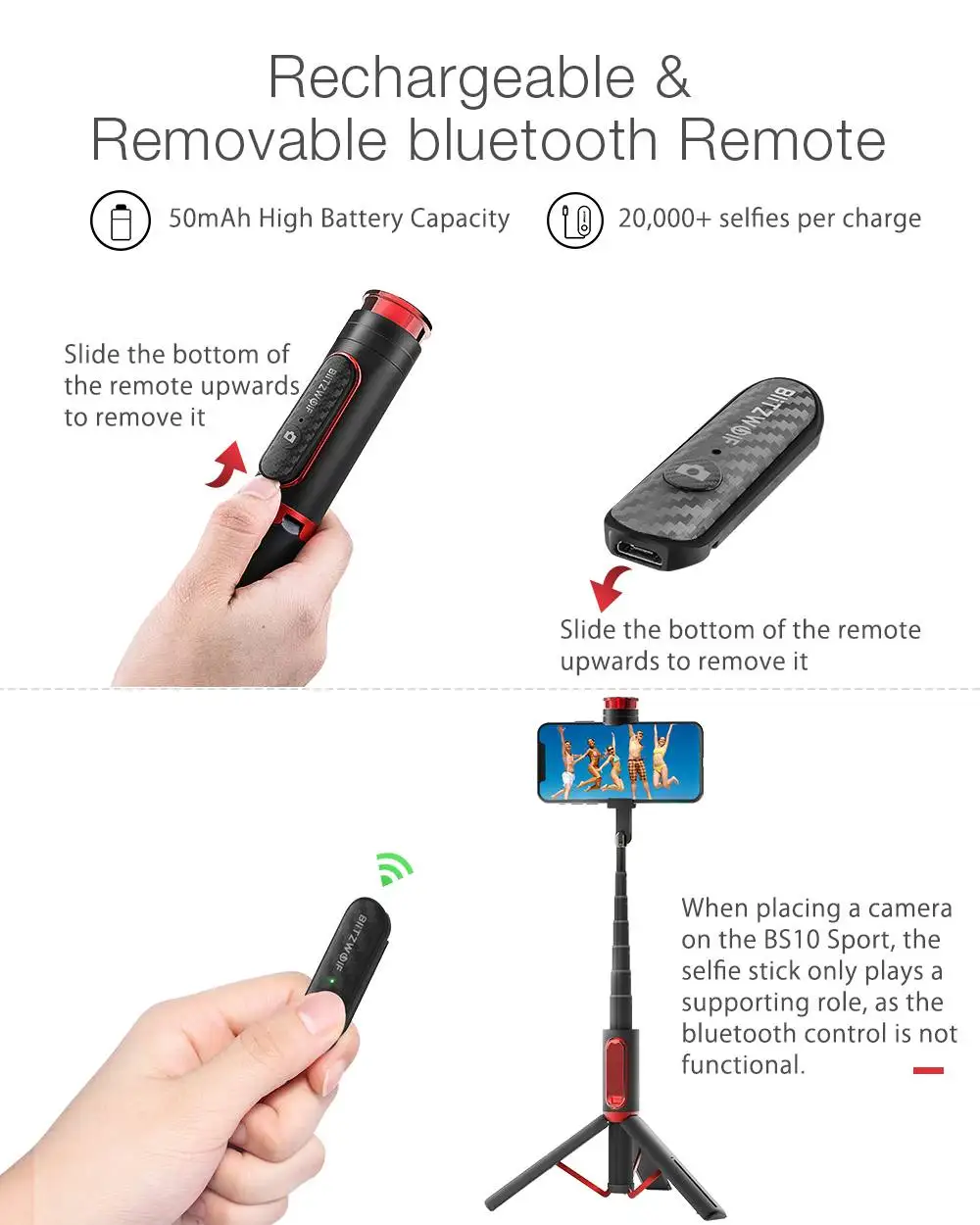 BlitzWolf BW-BS10 S порт все в одном портативный bluetooth штатив селфи палка монопод с 1/4 винтом порт для Gopro 7 6 5 S порт s