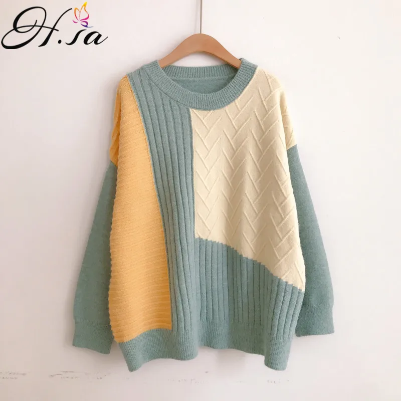 

H.SA Autumn Winter Women Sweater and Pullovers Oneck Pacthwork Green Pink Pull Jumpers Oversized Sweater Pull Femme sueter mujer