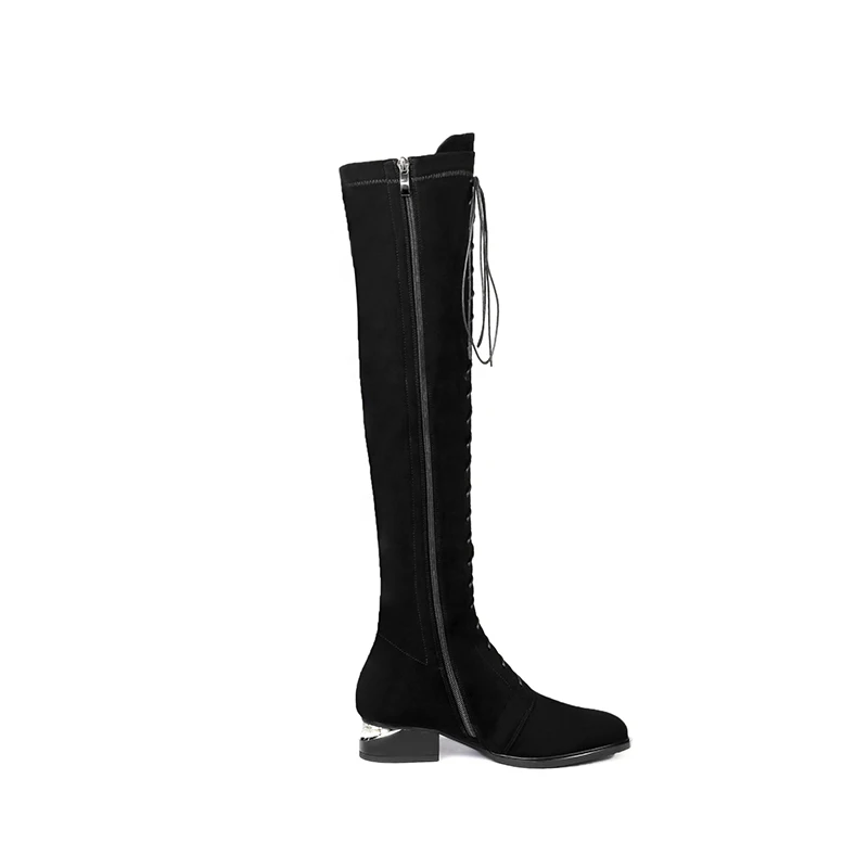 Stretch Flock Women Boot Cross Tied Round Toe Footwear Pearl Low Heels Female Boot Over The Knee Shoes Woman Winter