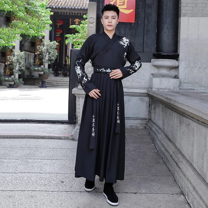 Черный вышивка Hanfu для женщин и мужчин традиционные танцевальные костюмы платье феи певцы представление одежда Народный фестиваль наряд DC3175