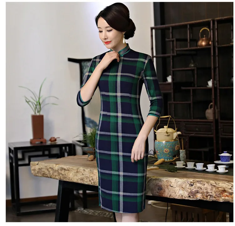 Sheng Coco женское трикотажное эластичное хлопковое платье Cheongsam клетчатое винтажное Сетчатое колено Qipao Китайский Восточный Стиль Одежда