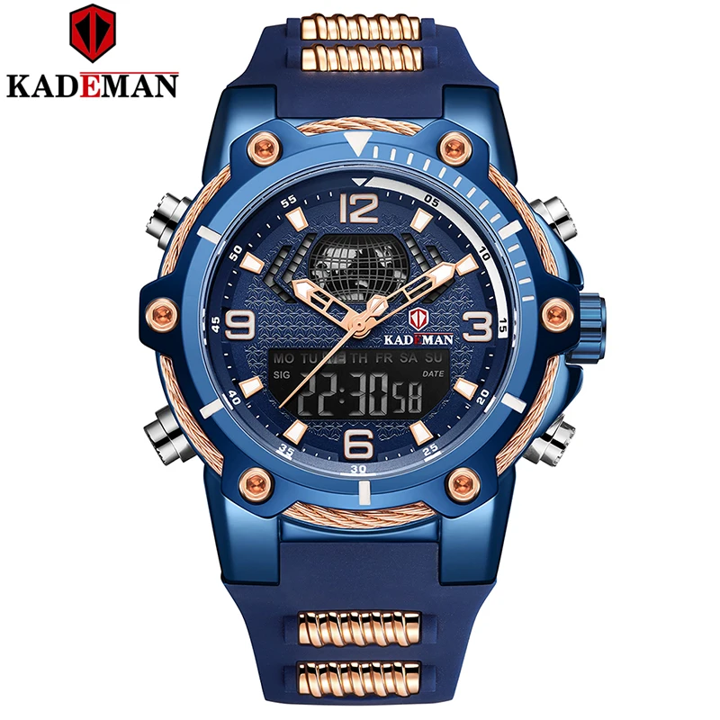 

Military New Series Men Watches Thick Case Dual Display Sport Watch 3ATM Casual Rubber Wristwatch TOP Luxury Brand KADEMAN Clock