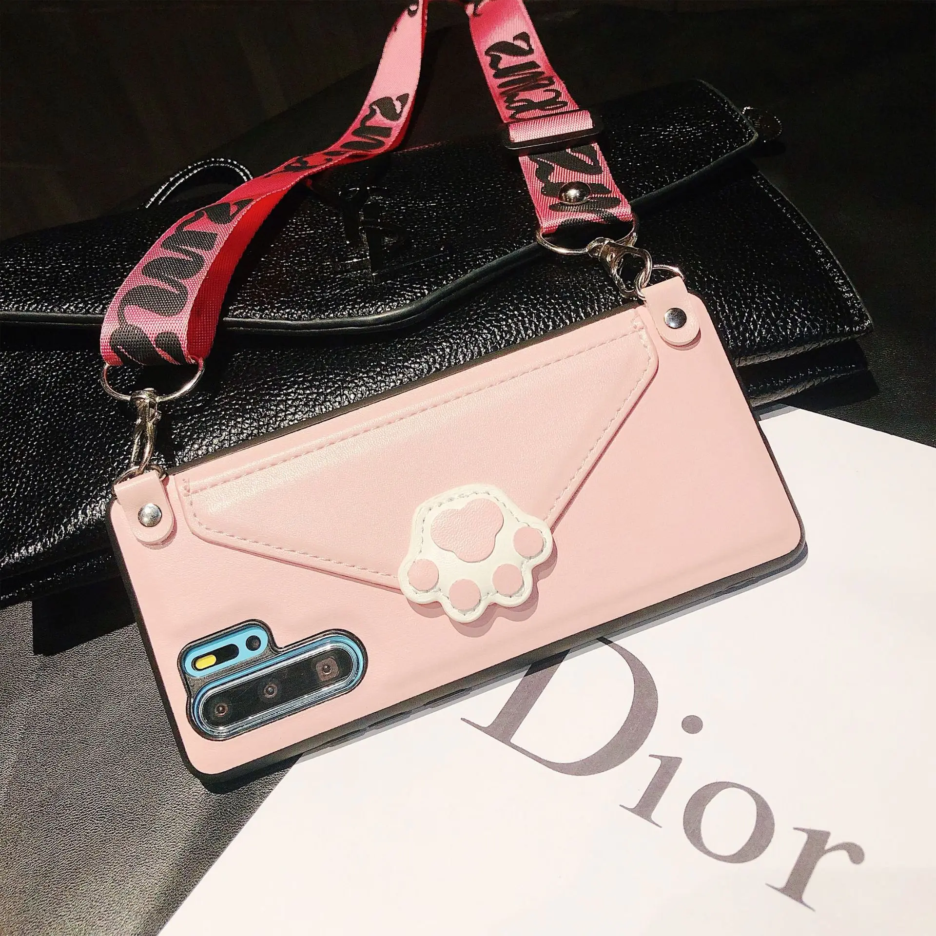 Claw Pink With Strap Чехол-Кошелек с кошкой и когтями для iPhone XS MAX XR X 8 7 6S Plus samsung S10 S9 с отделением для карт+ ремешок - Цвет: Claw Pink With Strap