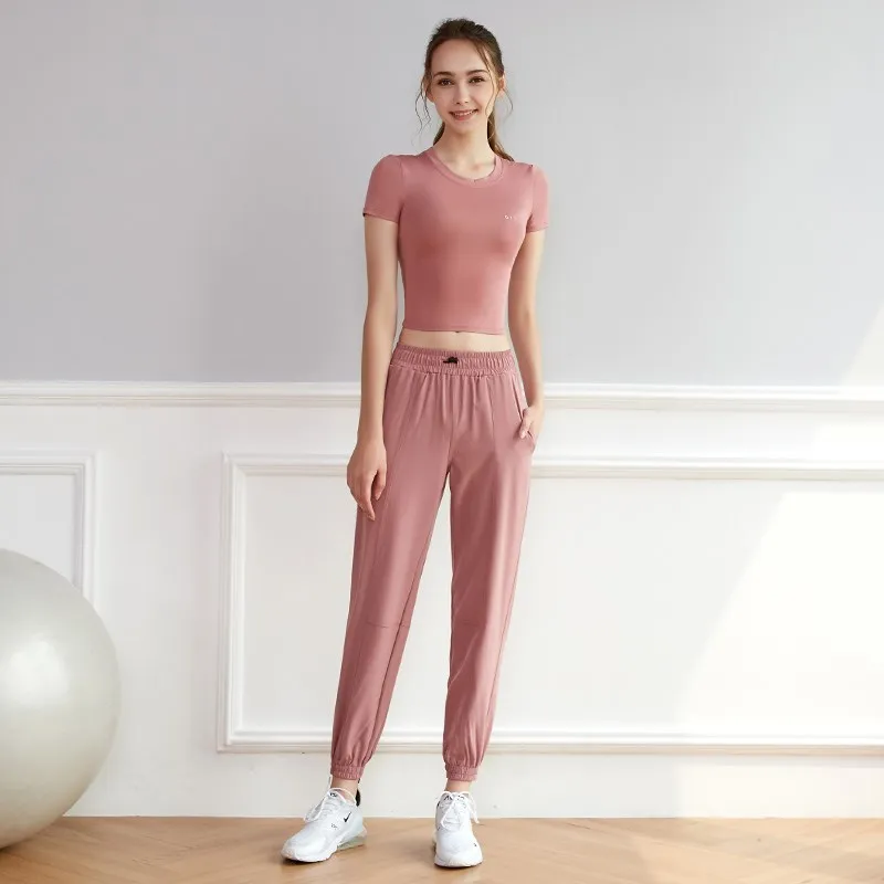 2 Pcs Summer Women Sport Set Yoga Shirt Short Sleeve Running Fitness T-Shirts Gym Tops Clothes Breathable Tight Legging Set