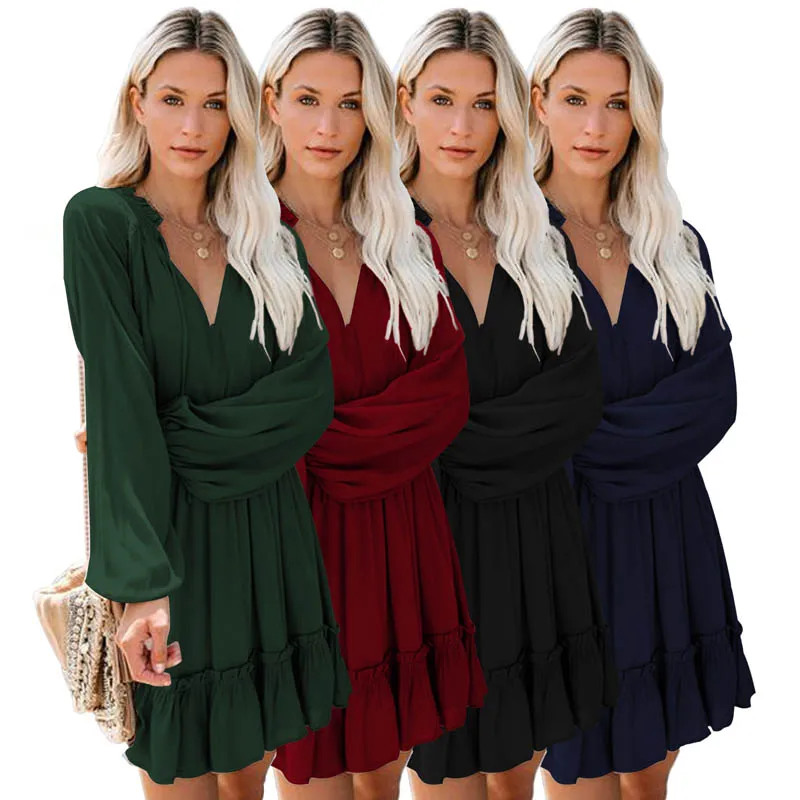 

BKMGC Women Lace Dress Lady Autumn Retro Chiffon Puff Long Sleeve Dress Solid Color V Neck Casual Splice Laciness Robe