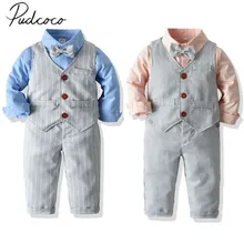 Коллекция года, весенне-осенняя одежда для малышей вечерние костюмы с галстуком-бабочкой для маленьких мальчиков топы для маленьких джентльменов, жилет штаны, одежда в полоску комплект из 3 предметов, От 1 до 7 лет