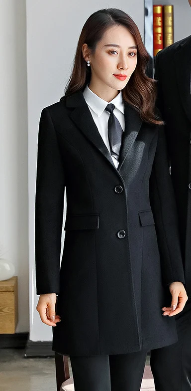 Black women coat Зимние Утепленные шерстяные мужские и женские пальто, куртки с карманами, длинные пальто для офиса, женские тонкие пальто с отворотом и длинным рукавом - Цвет: Black women coat