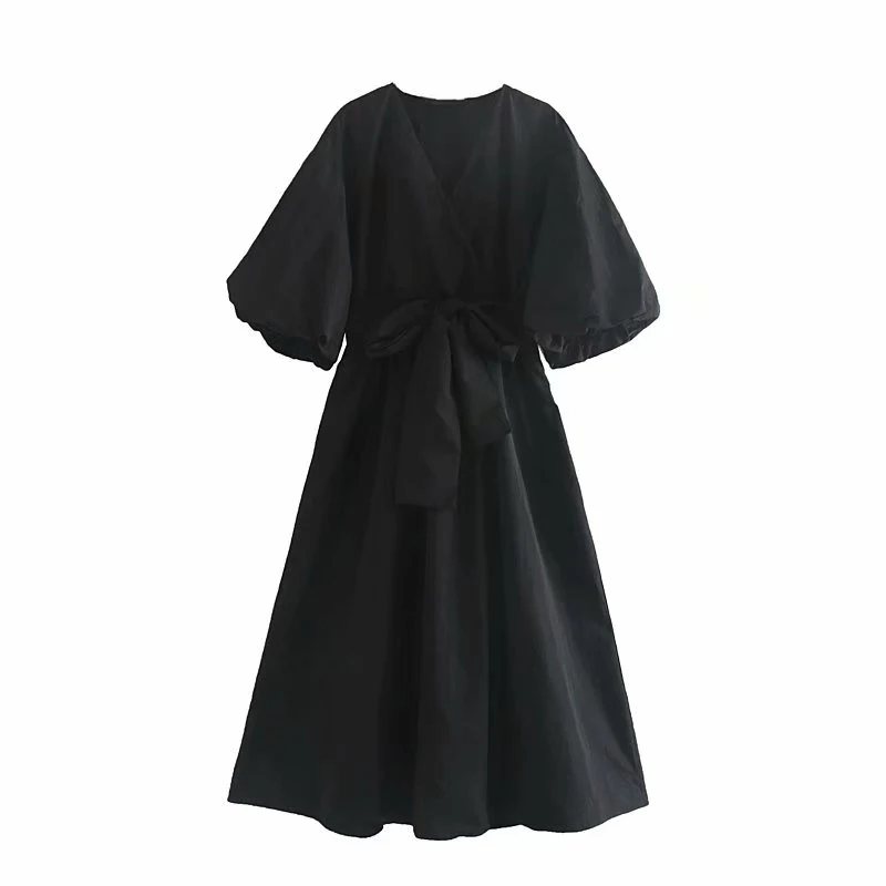 black Za Черное длинное платье с поясом-бабочкой, женское повседневное Свободное платье с v-образным вырезом и рукавом-фонариком, большие размеры, vestido mujer - Цвет: black