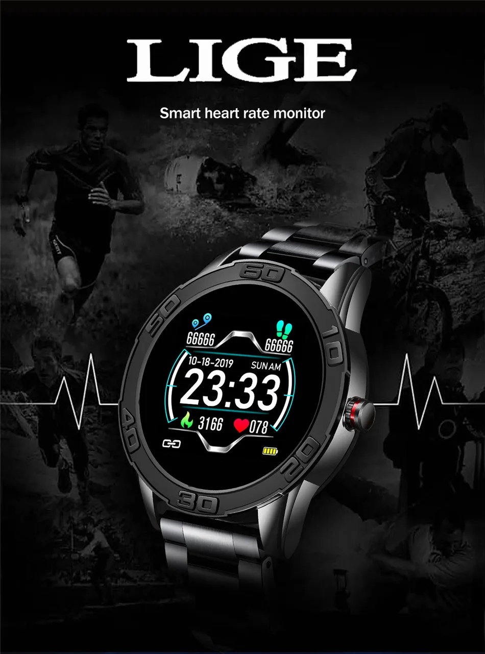 LIGE новые умные часы для мужчин, шагомер, пульсометр, монитор артериального давления, водонепроницаемый стальной ремень, умные часы, спортивный многофункциональный режим