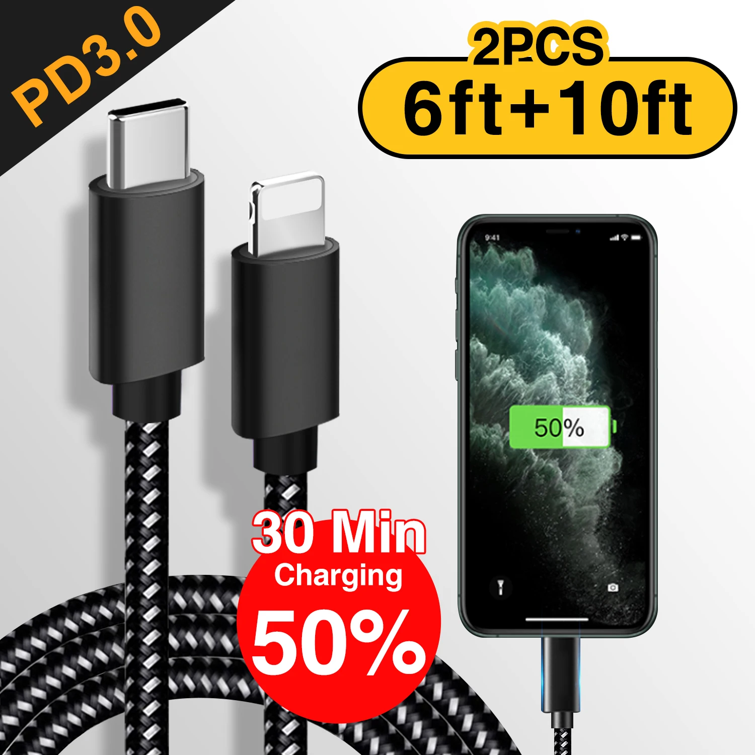 2 шт./упак. Быстрая зарядка PD Кабель 1,8 m 3M USB кабель с PD3.0 2.4A быстрого заряда 18 Вт Тип Кабеля C-Lightning для iPhone iPad iPod Macbook